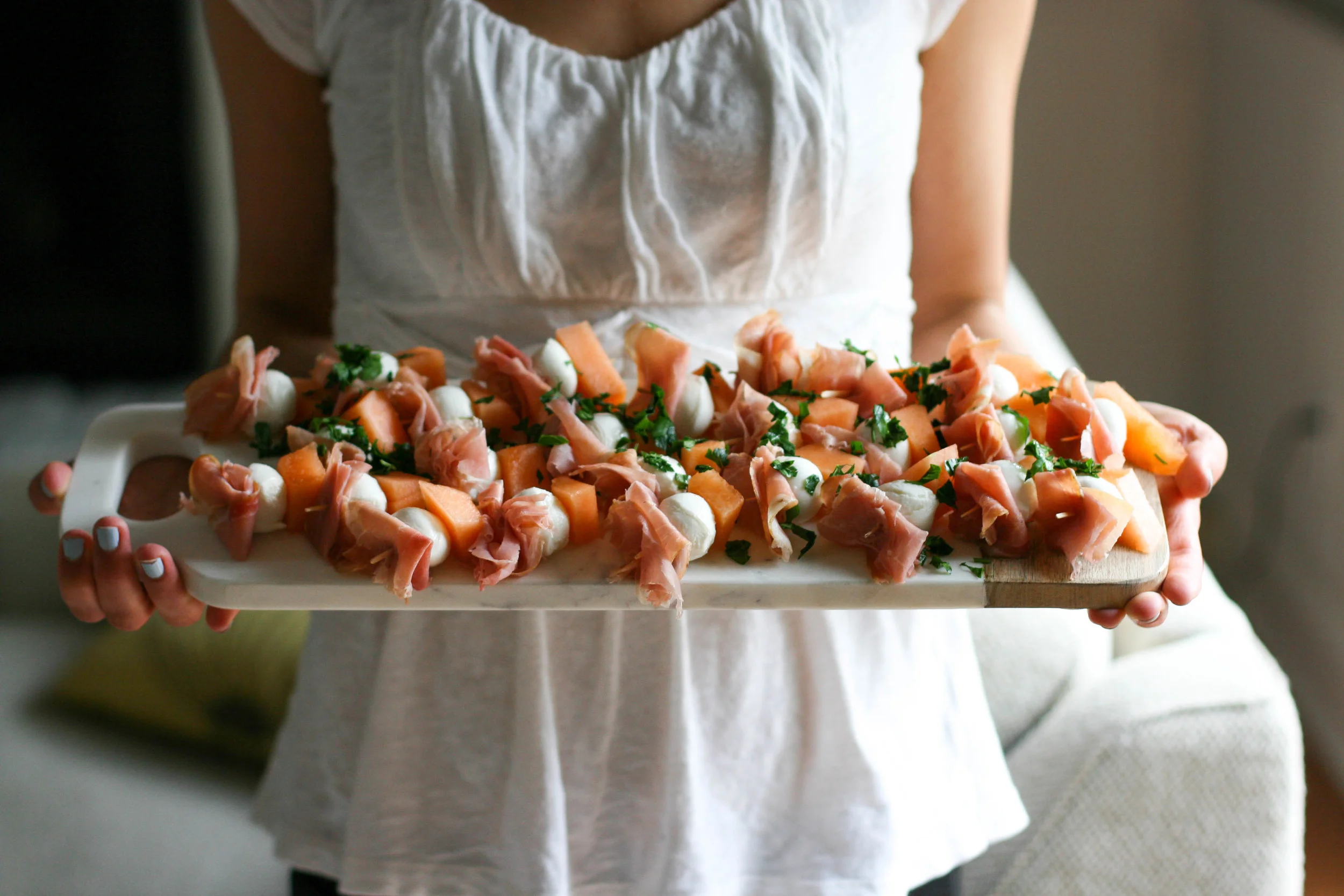 Prosciutto, Melon and Mozzarella Skewer Small Bites