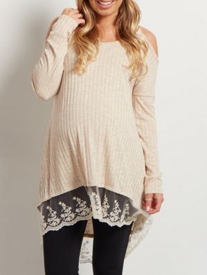 Taupe Cold Shoulder Lace Top