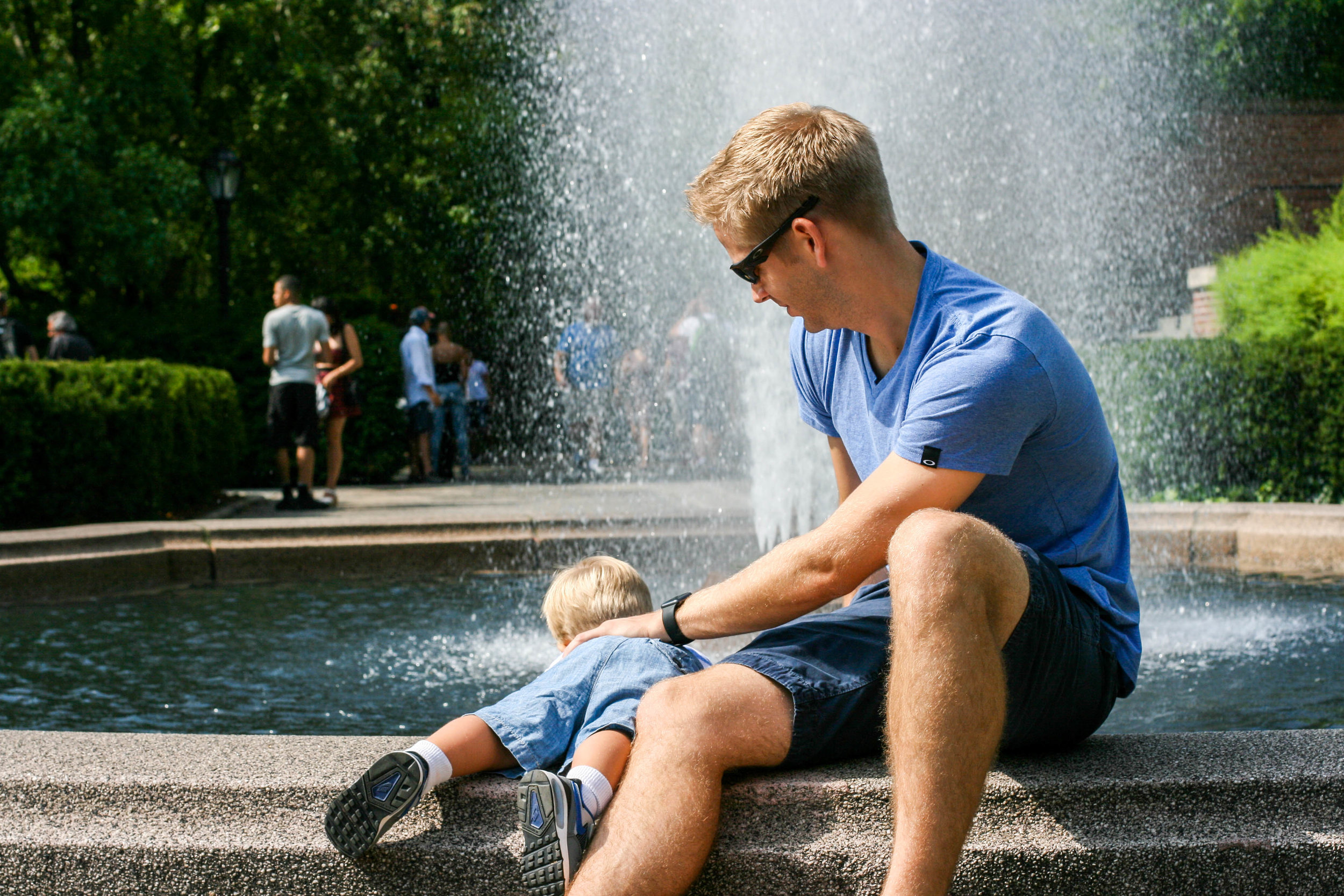 This is typical. Even if we're in a mall, and there's a fountain, he's suddenly in it.