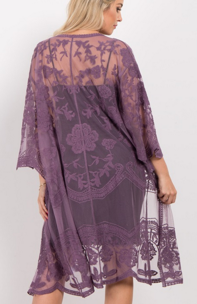 Purple Lace Mesh Long Maternity Kimono - Pinkblush