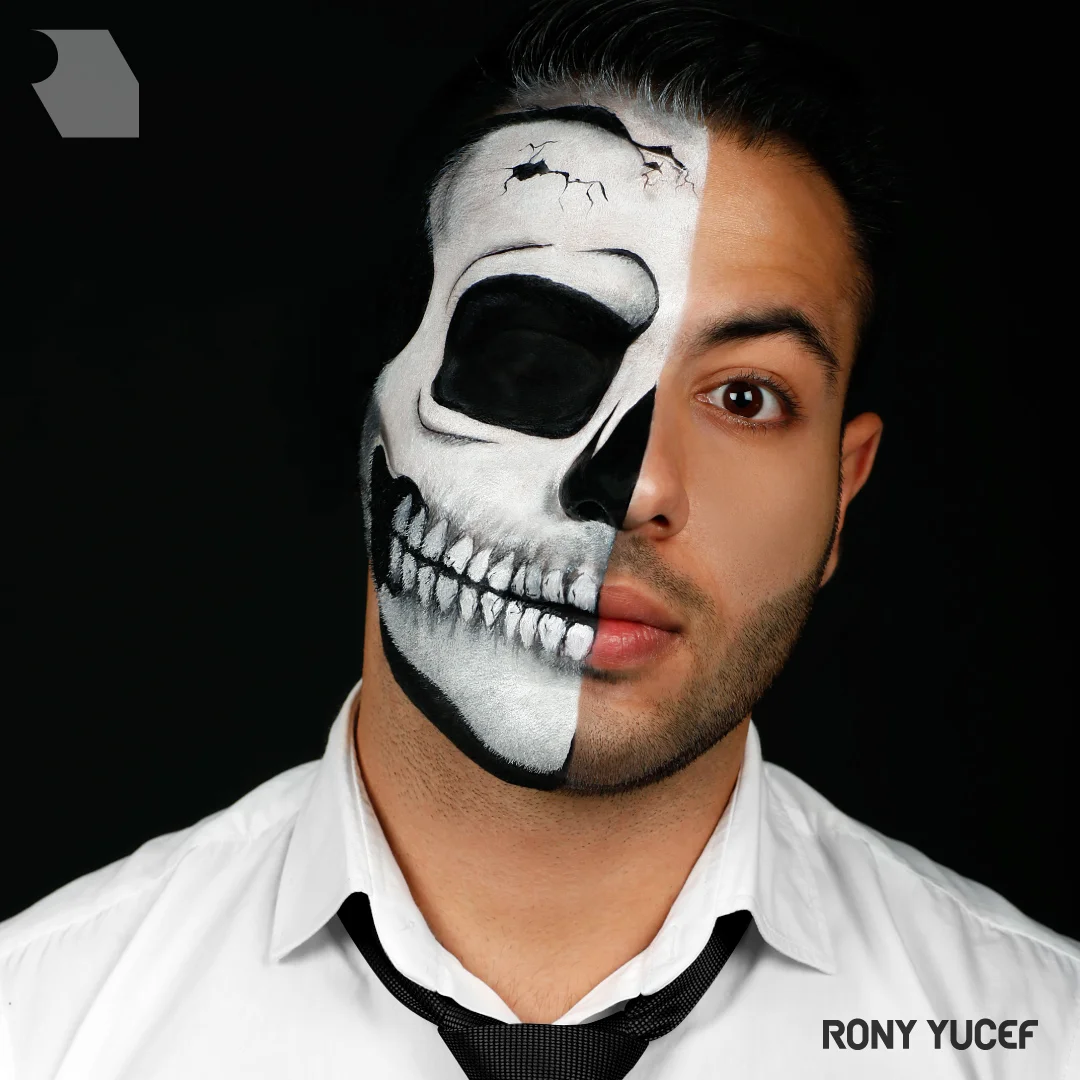 half skeleton half human artistic makeup face by Rony Yucef