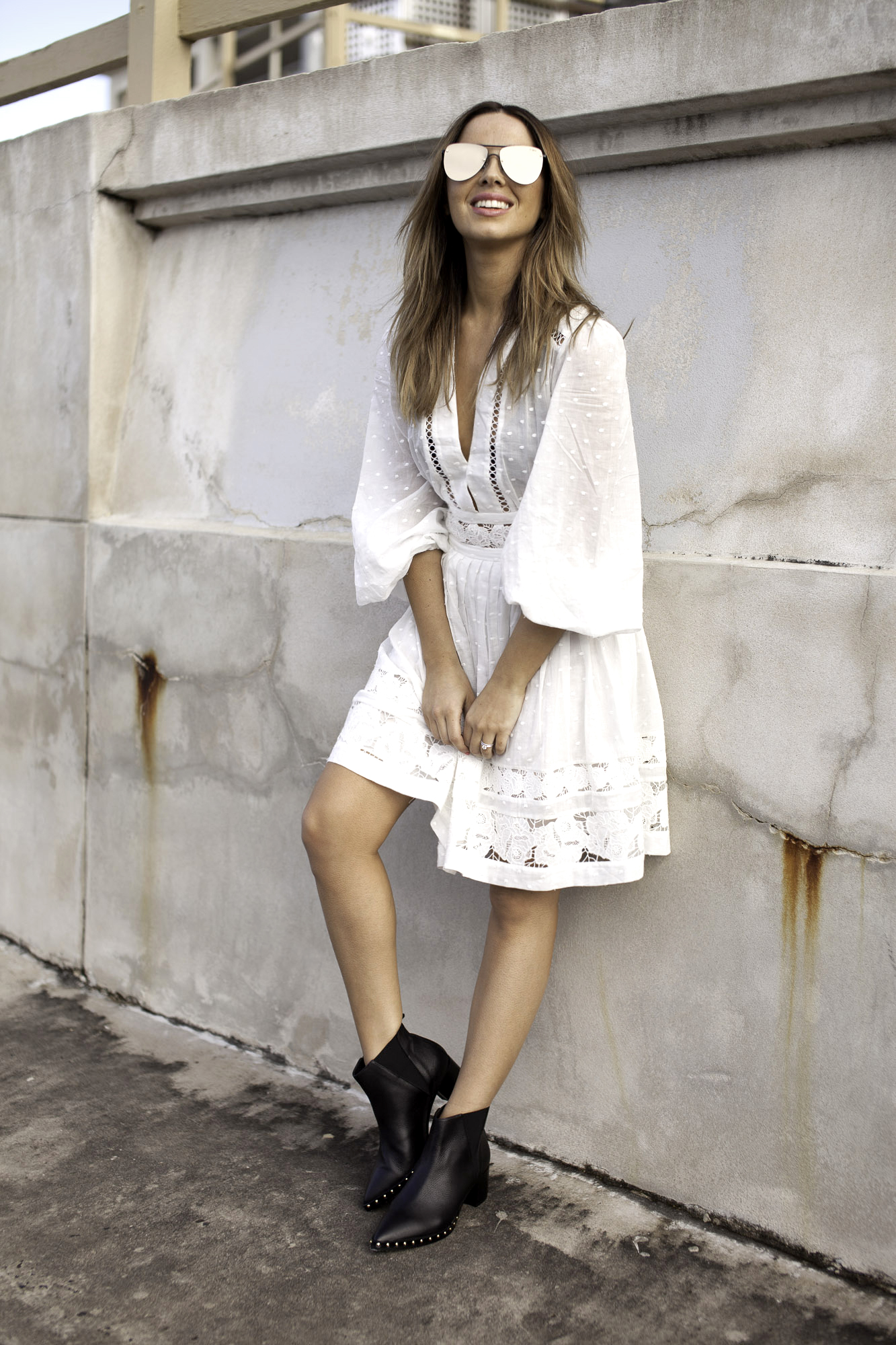 white dress with white boots