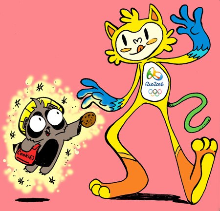 Tanuki reaching out to make friends with the Olympic mascot, Vinicius. Nothing says peace like sharing cookies! 