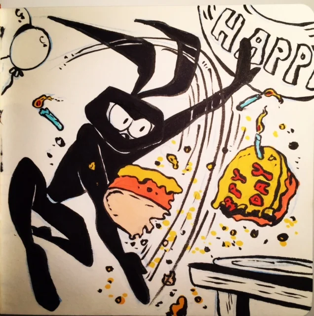Ninja Space Bunny is so tough, he cuts cake with his hands! Unfortunately, no one ever comes to his birthday parties. Inktober day 5- SAD