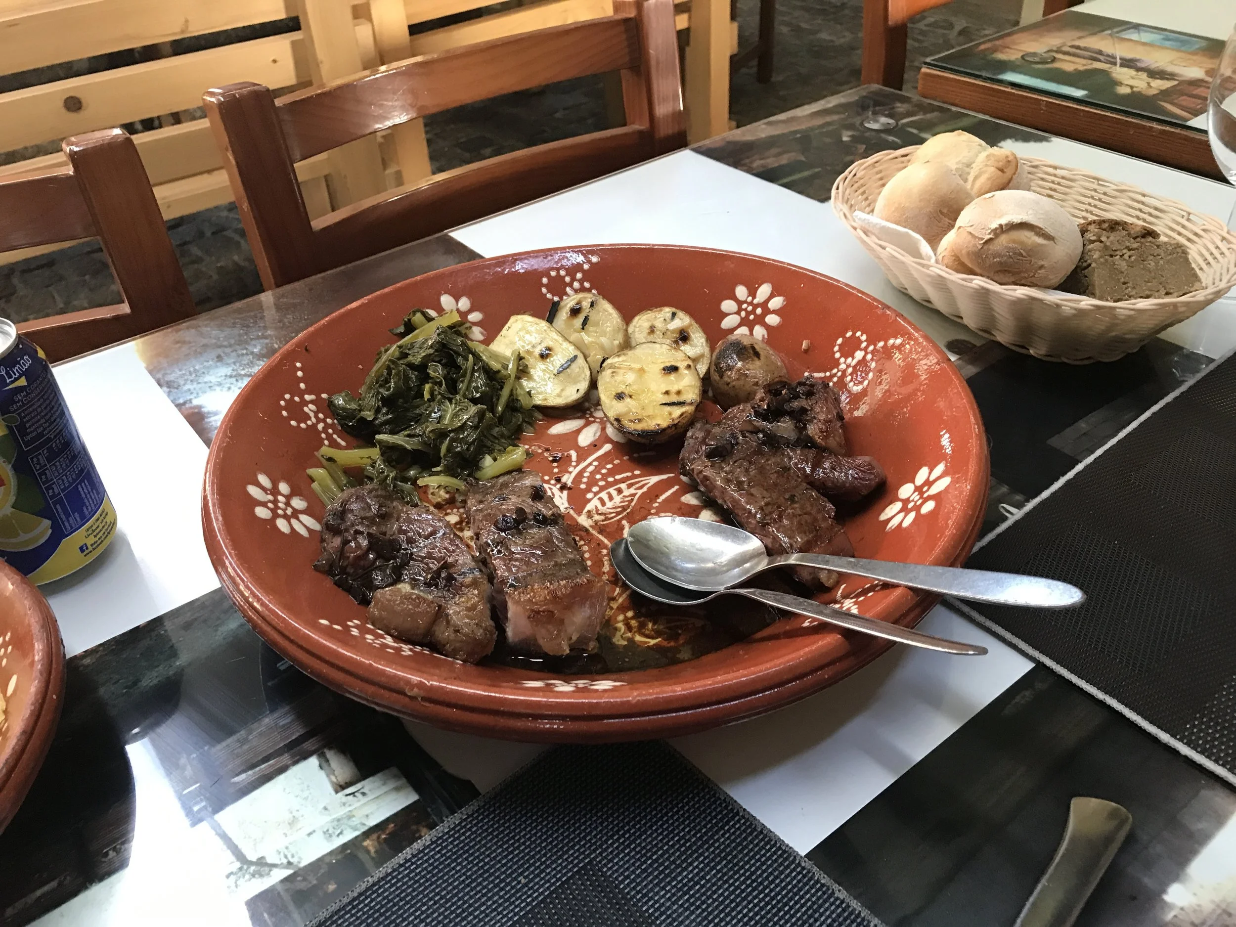  Beef steak, potatoes, and home made chips.  