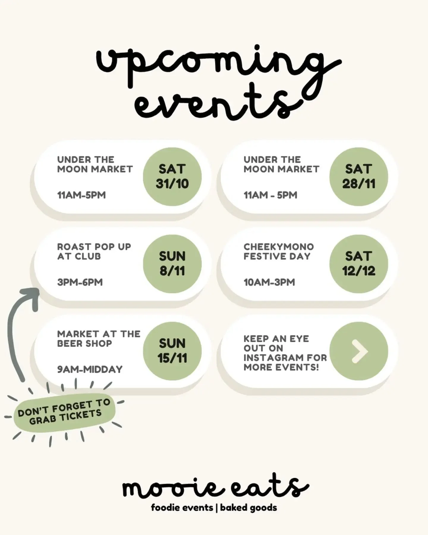 Upcoming foodie events where you can grab my goodies 🥰💗 Let me know if you're coming along to @underthemoonartmarket on Halloween 🎃 I'll have some delicious autumnal goodies for you all 🌱

Plus don't forget to book on for my roast pop up at @club