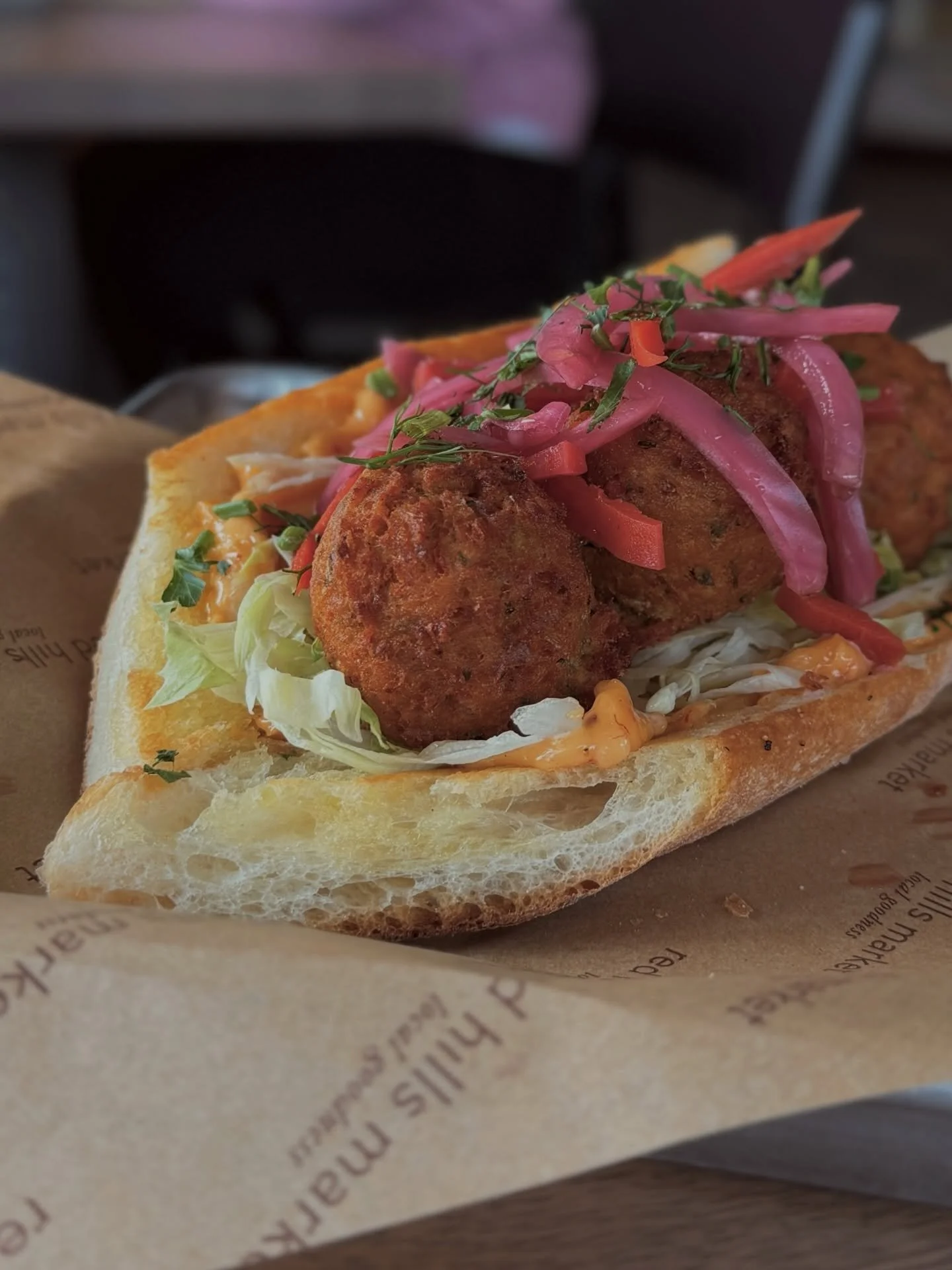 This chickpea falafel po&rsquo; boy with harissa aioli. 🤤

#redhillsmarket #falafel #localgoodness #dundeeoregon #eatlocal