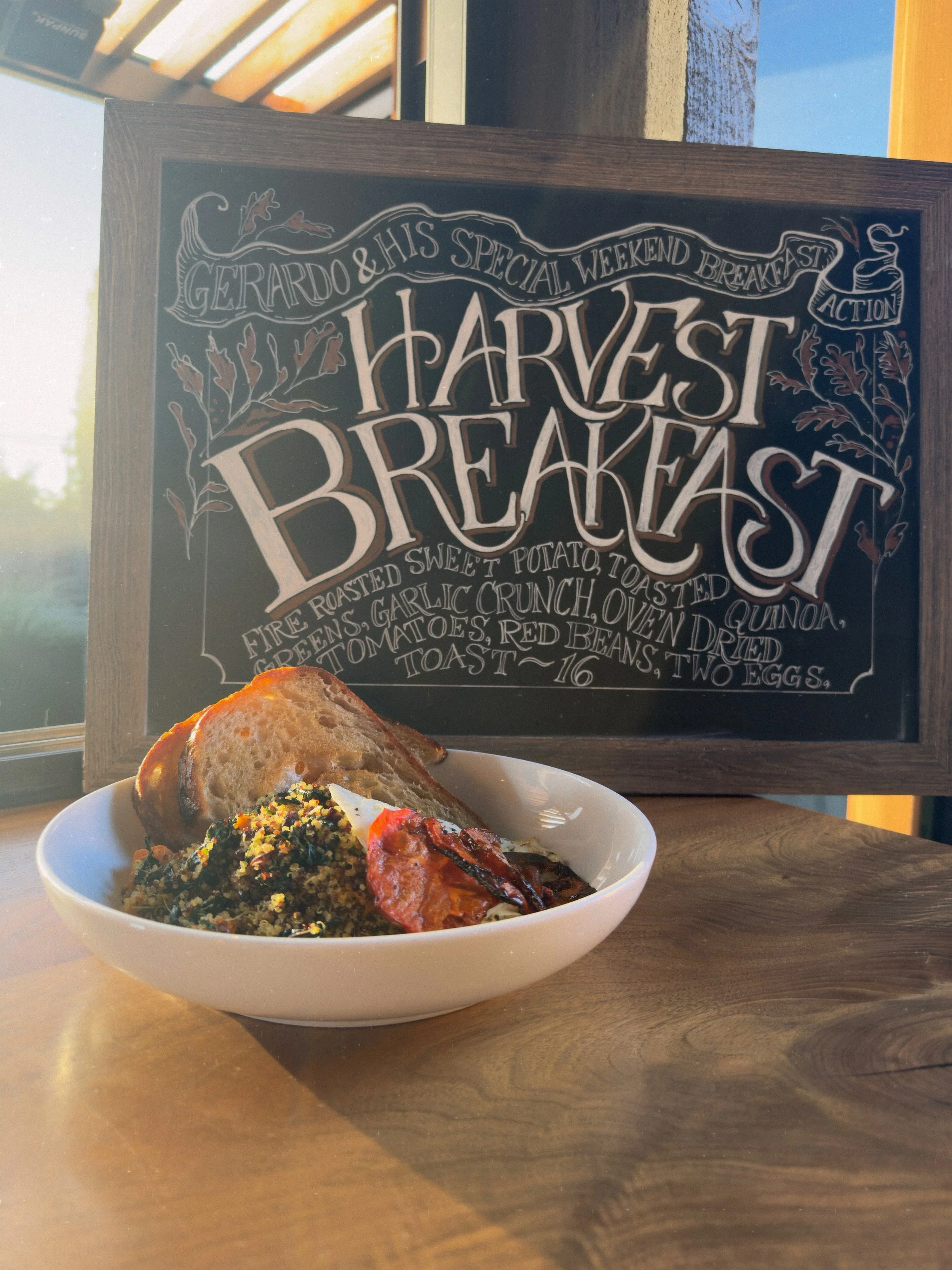 We love weekend brunch!

Every Friday- Sunday, Chef Jody and the kitchen crew cook up a rotating breakfast special inspired by the season and whatever sounds good coming out of the wood-fired oven.

This weekend: Harvest Breakfast Bowl
Butternut squa