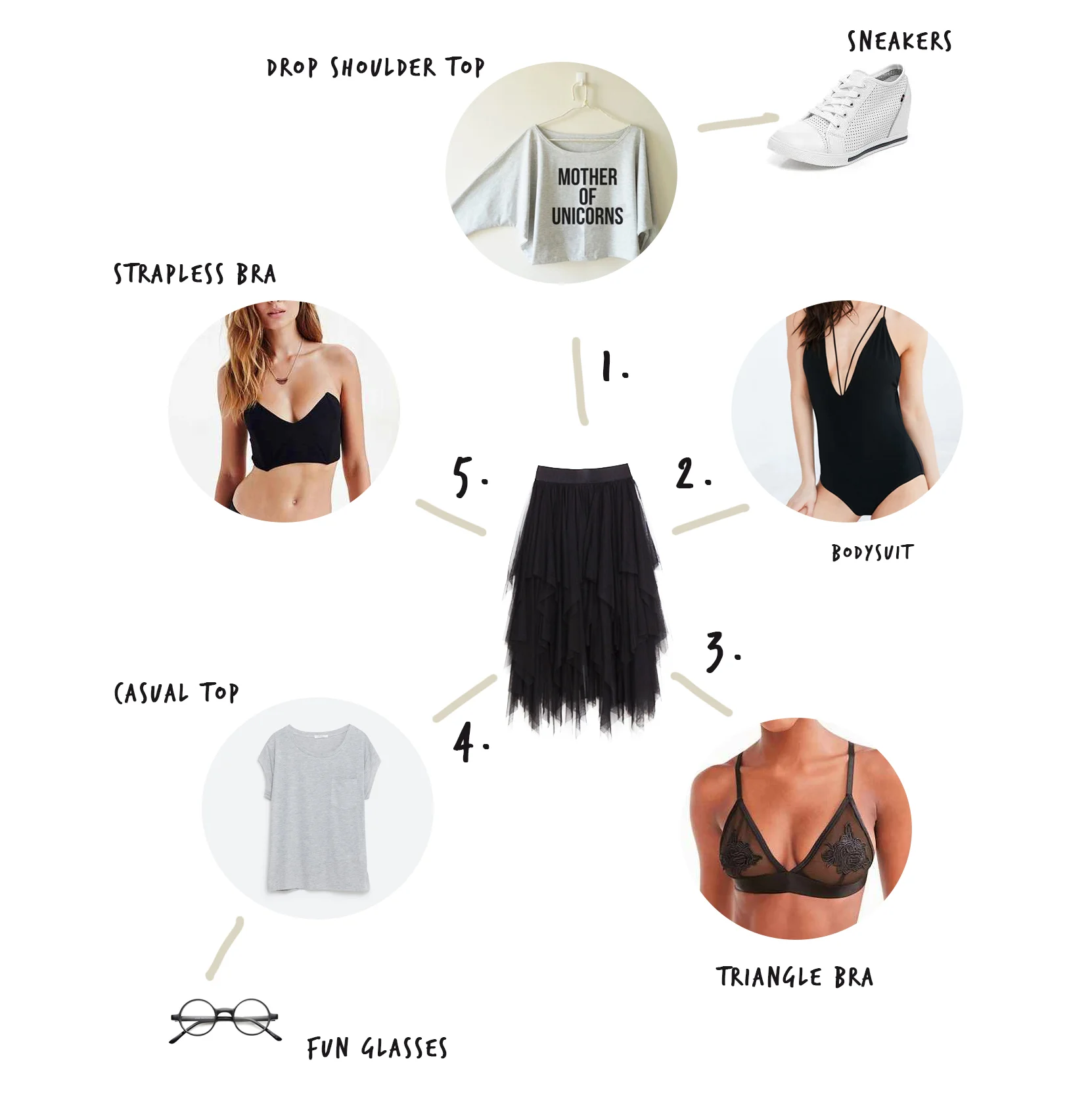 1. Drop shoulder mother of unicorn sweatshirt | 2. Bodysuit | 3. Triangle bra | 4. Casual top | 5. Strapless bra