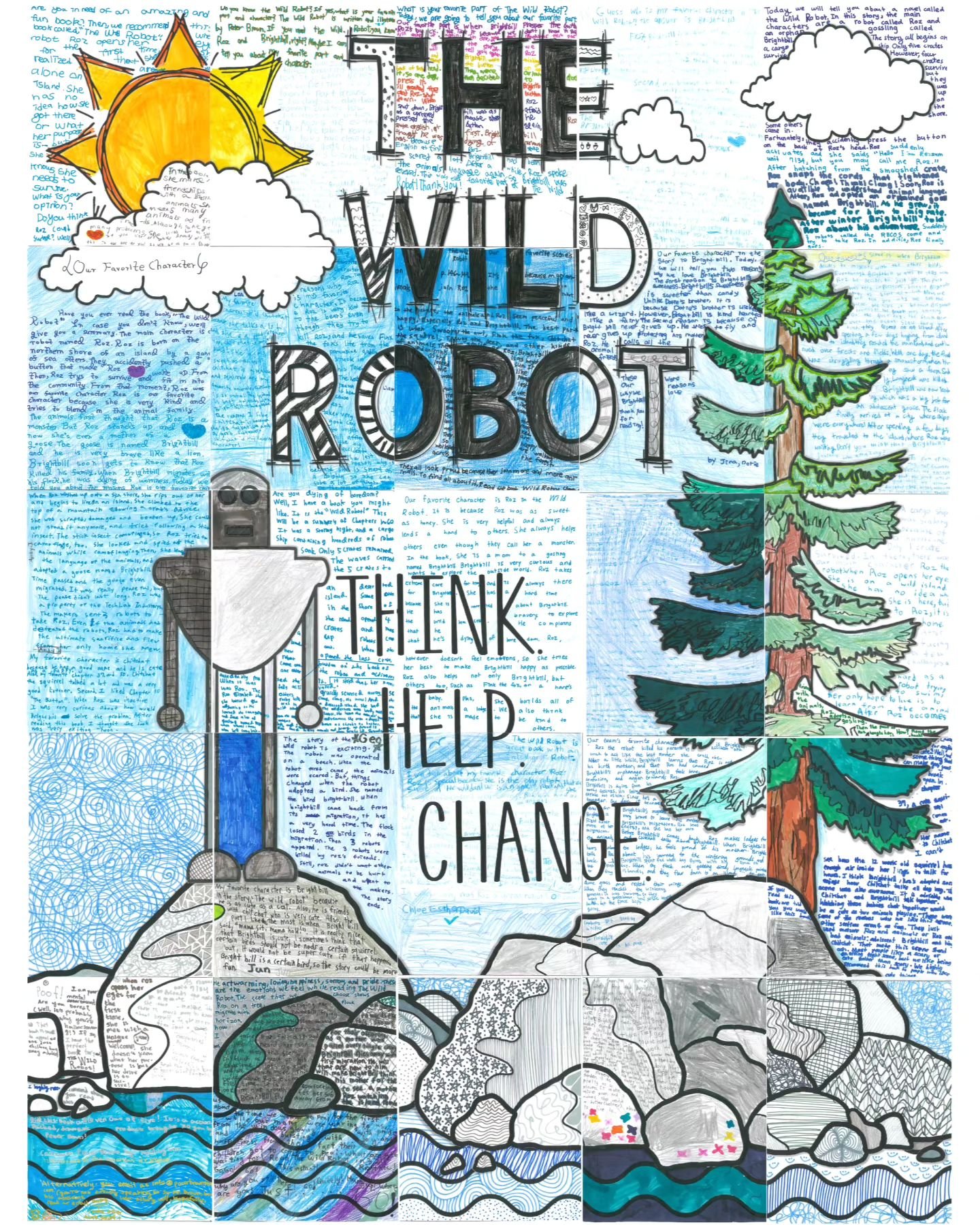 Wild Robot 🤖

For our project inspired by the children's novel &quot;The Wild Robot,&quot; we created a large coloring mural.
Instead of simply coloring the sheets, we took it a step further by incorporating colored writing about figurative language