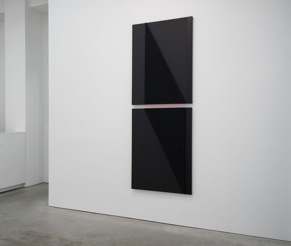  Vertical into Decrescendo (dark), --&nbsp;Acoustic absorber panel and acrylic paint on canvas,&nbsp;&nbsp;98.25 x 36 inches overall, 2014 