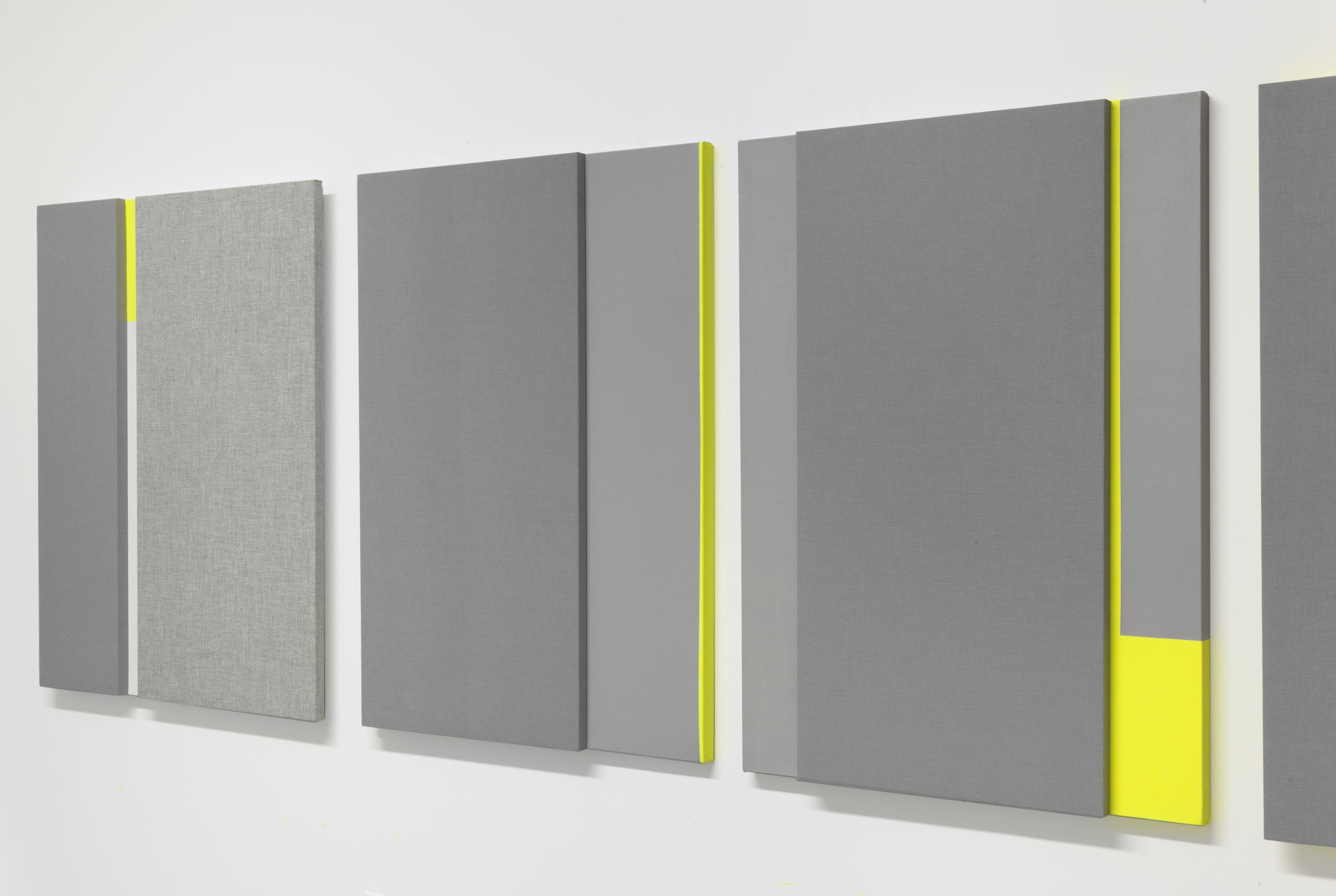 Soft Gray Tone with Reverberation #1-3 -- Acoustic absorber panel and acrylic paint on canvas, 36 x 48 inches each, 2013.