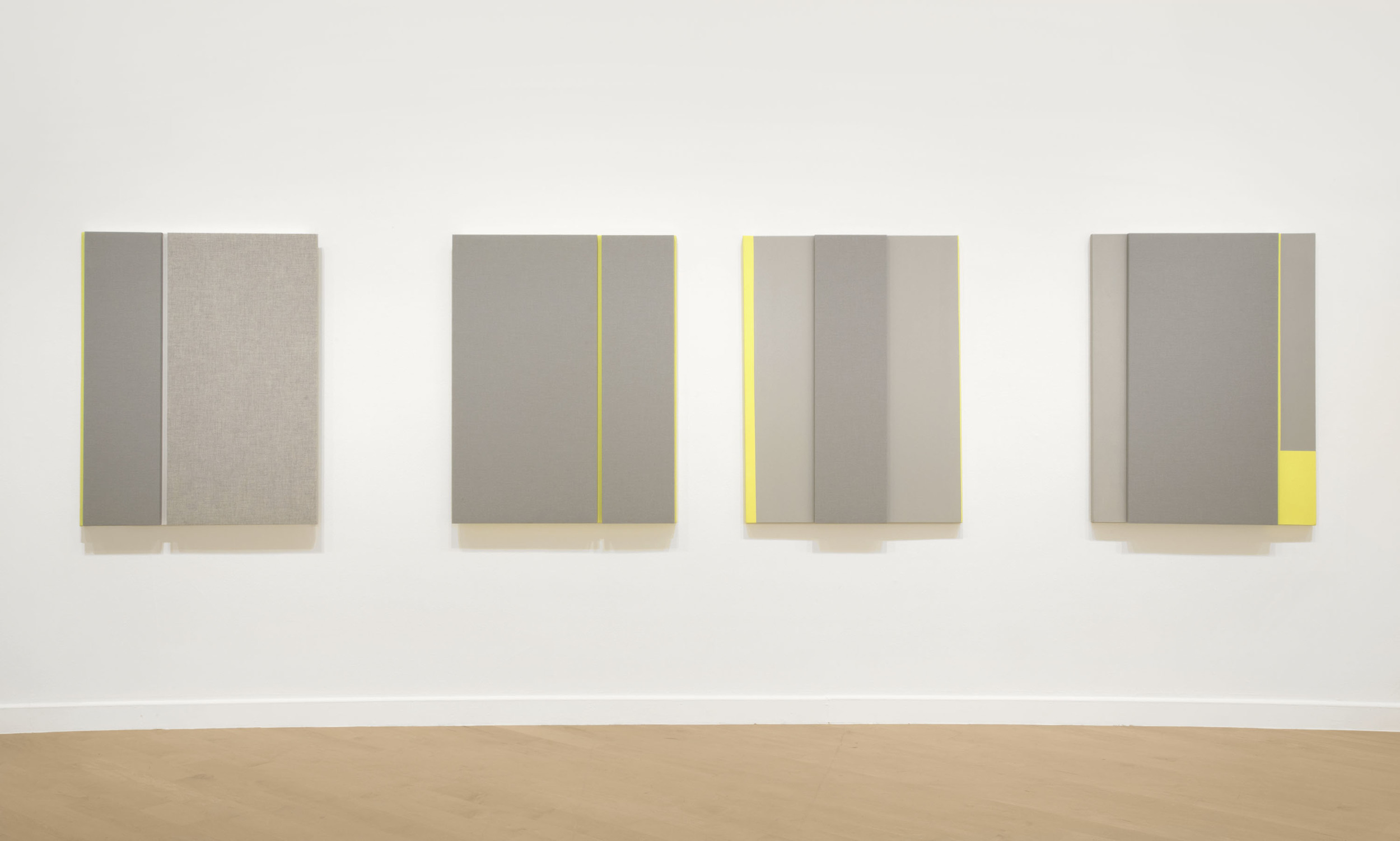   Soft Gray Tone with Reverberation #1-4,&nbsp;Acoustic absorber panel and acrylic paint on canvas, 36 x 48 inches each, 2013.  