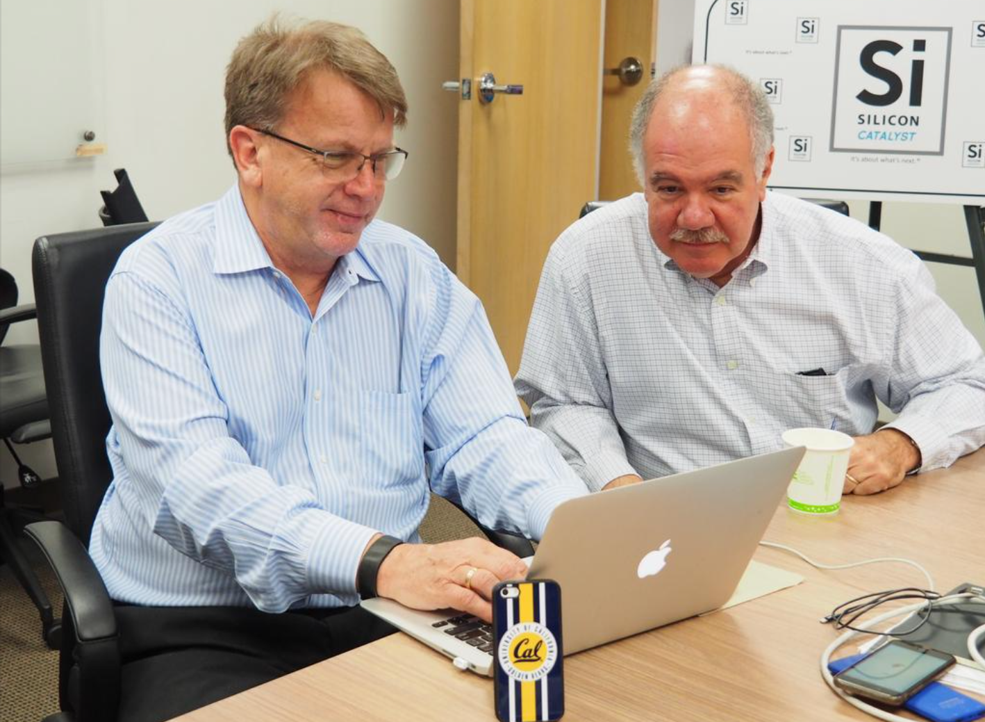 Rick Lazansky, left, handed the reins at Santa Clara semiconductor incubator Silicon Catalyst to Pete Rodriguez, right, in June. Lazansky is now chairman and Rodriguez is CEO.