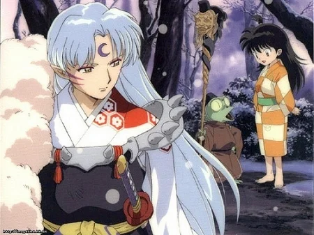Sesshoumaru glances over his shoulder at Jaken and Rin