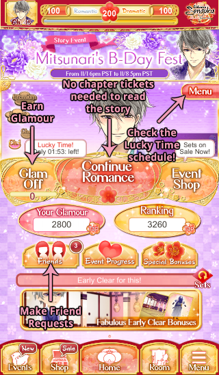 Once you choose a story to begin reading, this will become the Story Event’s home screen. I’ve pointed out the most useful buttons.