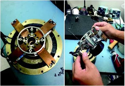 Left - Magnetic circuit elements and flexures. Right - Armature showing suspension flexure spacing and voice coil.