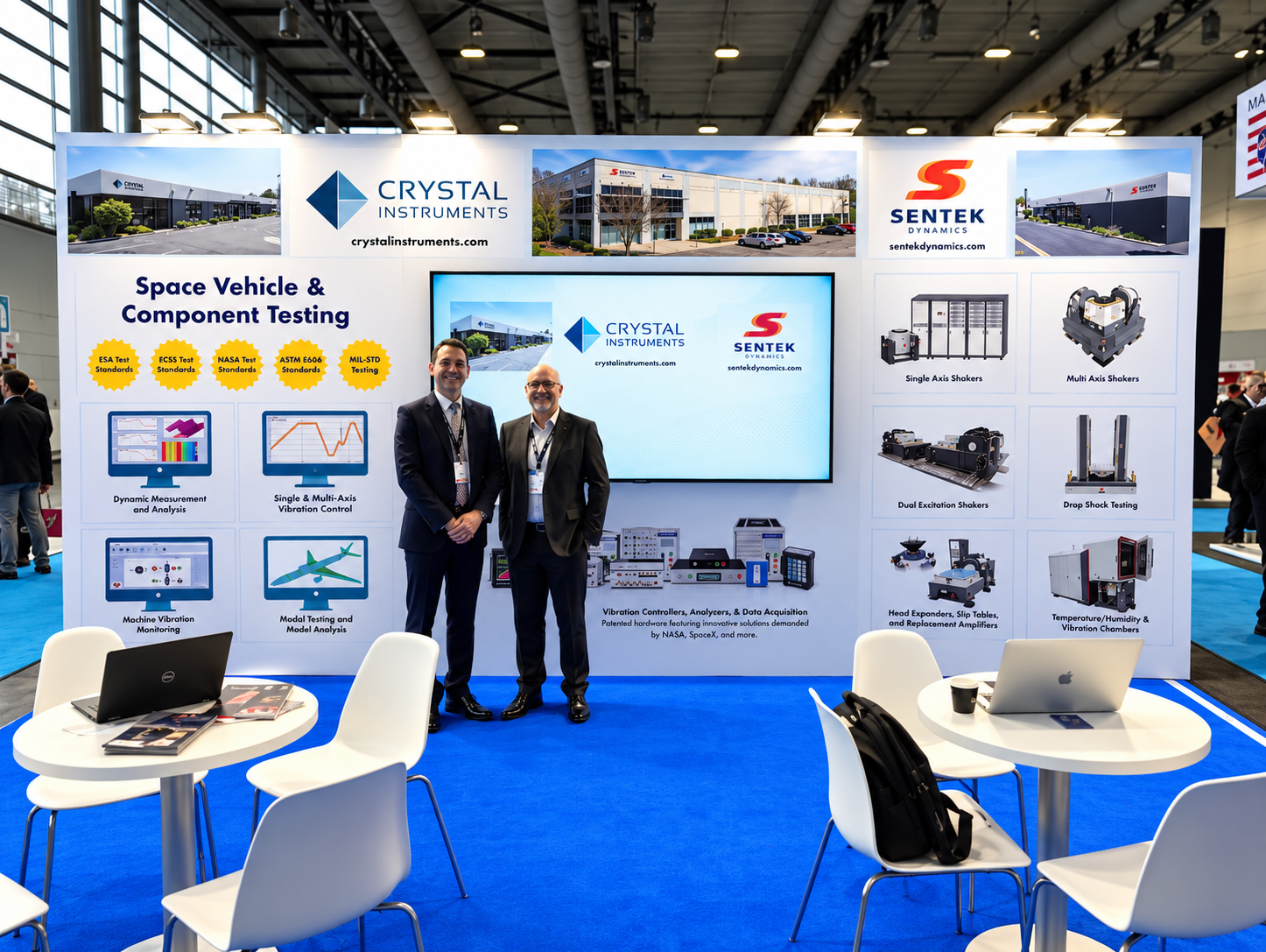 Sentek Dynamics and Crystal Instruments exhibition booth showcasing advanced space vehicle testing solutions, electrodynamic vibration shaker systems, satellite qualification testing, and aerospace vibration testing equipment.