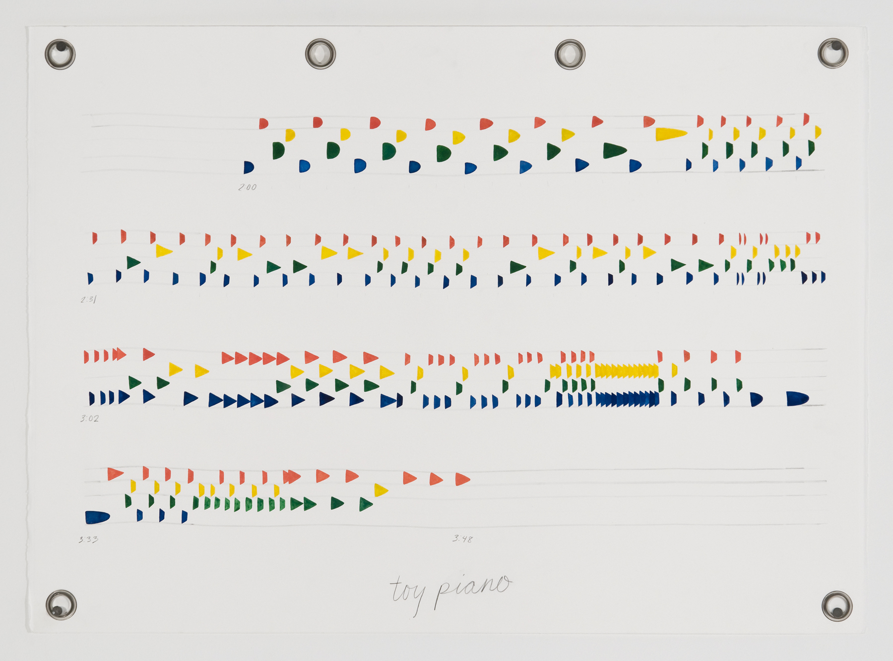   Ander Mikalson   Score for a Cyclone (Toy Piano),&nbsp; 2013 watercolor and graphite on paper, metal grommets 22 x 30 inches 