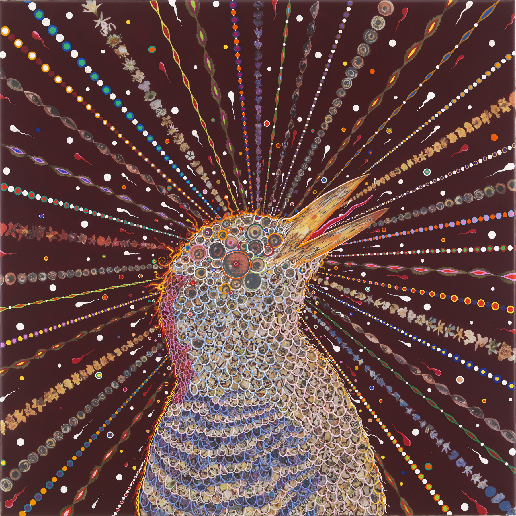   Fred Tomaselli   Red Bird Two,  2014 photo-collage, leaves, acrylic and resin on wood panel 24 x 24 inches 