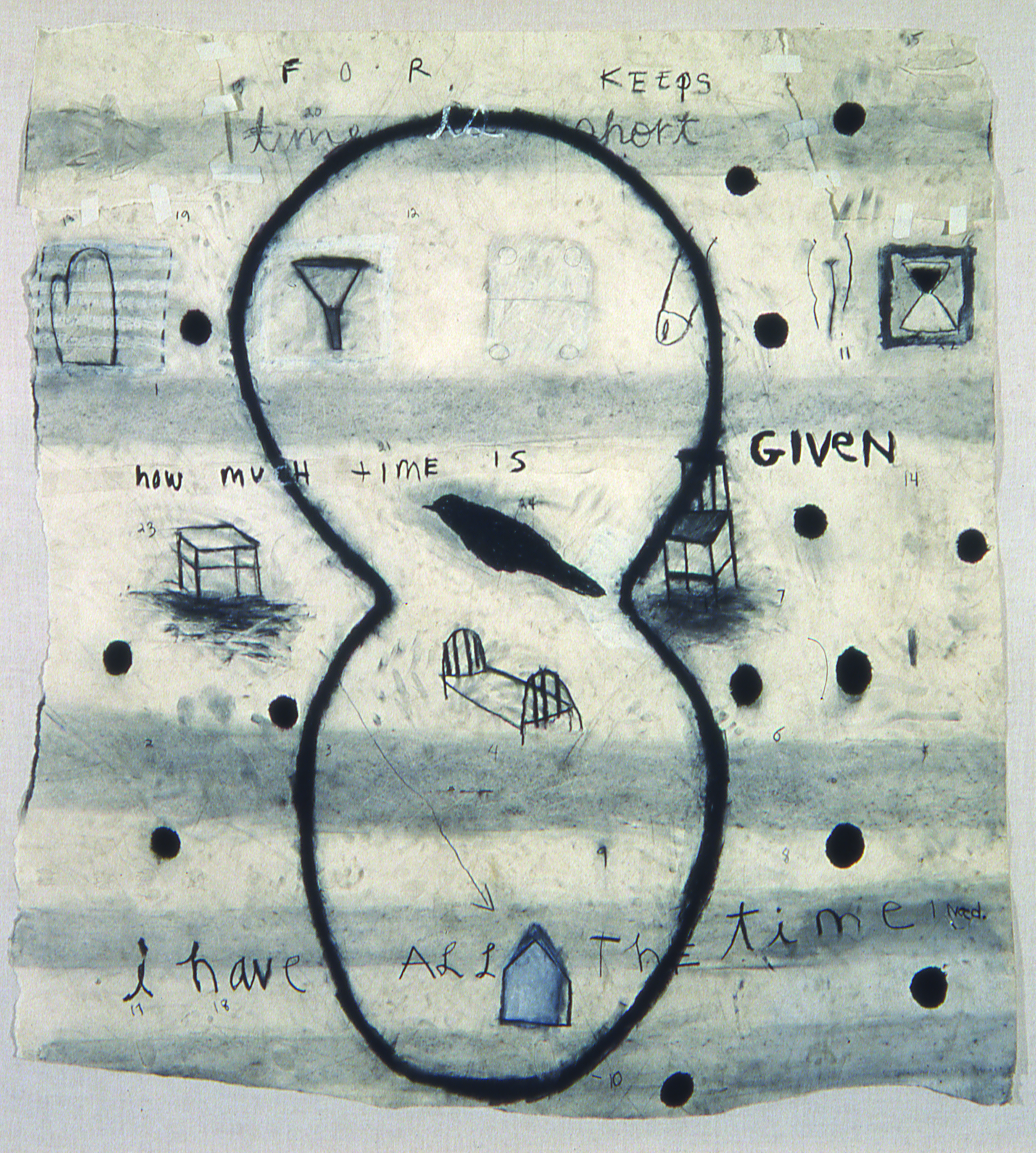  Squeak Carnwath   Hours , 1990 dog tracks, charcoal, graphite, paint stick, acrylic on paper 64 x 61 inches 162.6 x 154.9 cm 