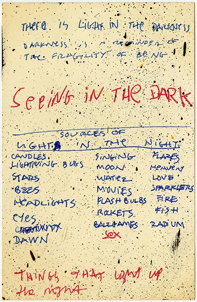 Untitled (Seeing in the Dark) , c. 1990. Felt tip pen, and oil splatters on paper. 8 1/2 x 5 1/2 in.