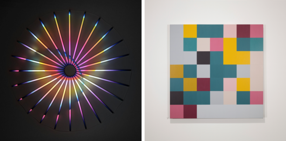 L: James Clar – Binary Star, 2016, LEDs, filters and wires, 75 x 75 in (190 x 190 cm) R: Kristin McIver – Data Portraits (Ben Lee) , 2015, acrylic on canvas, 36 x 36 in (91.5 x 91.5 cm)