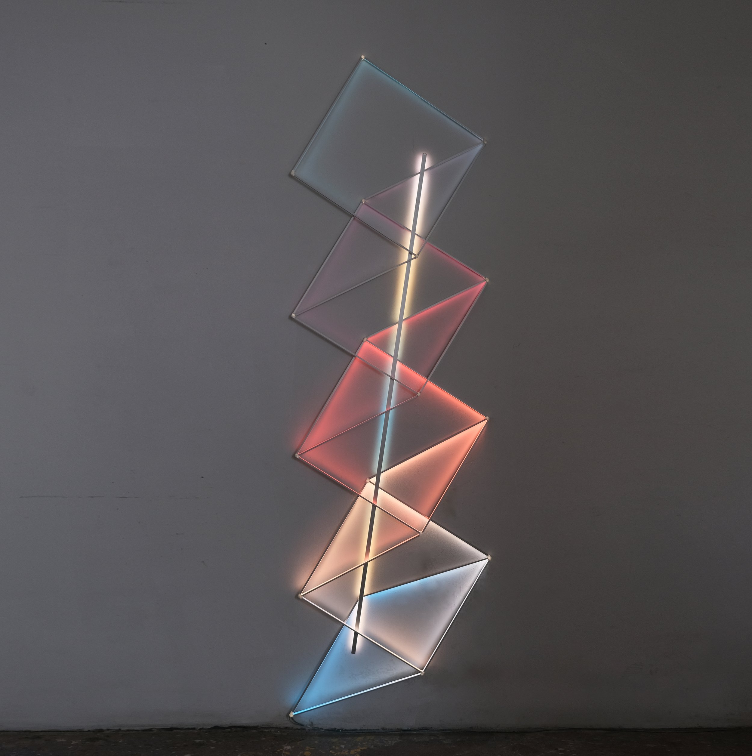   James Clar,   Space Folding,  2021, LEDs, aluminum, filters, 3D printed material, 96 x 29 inches.  