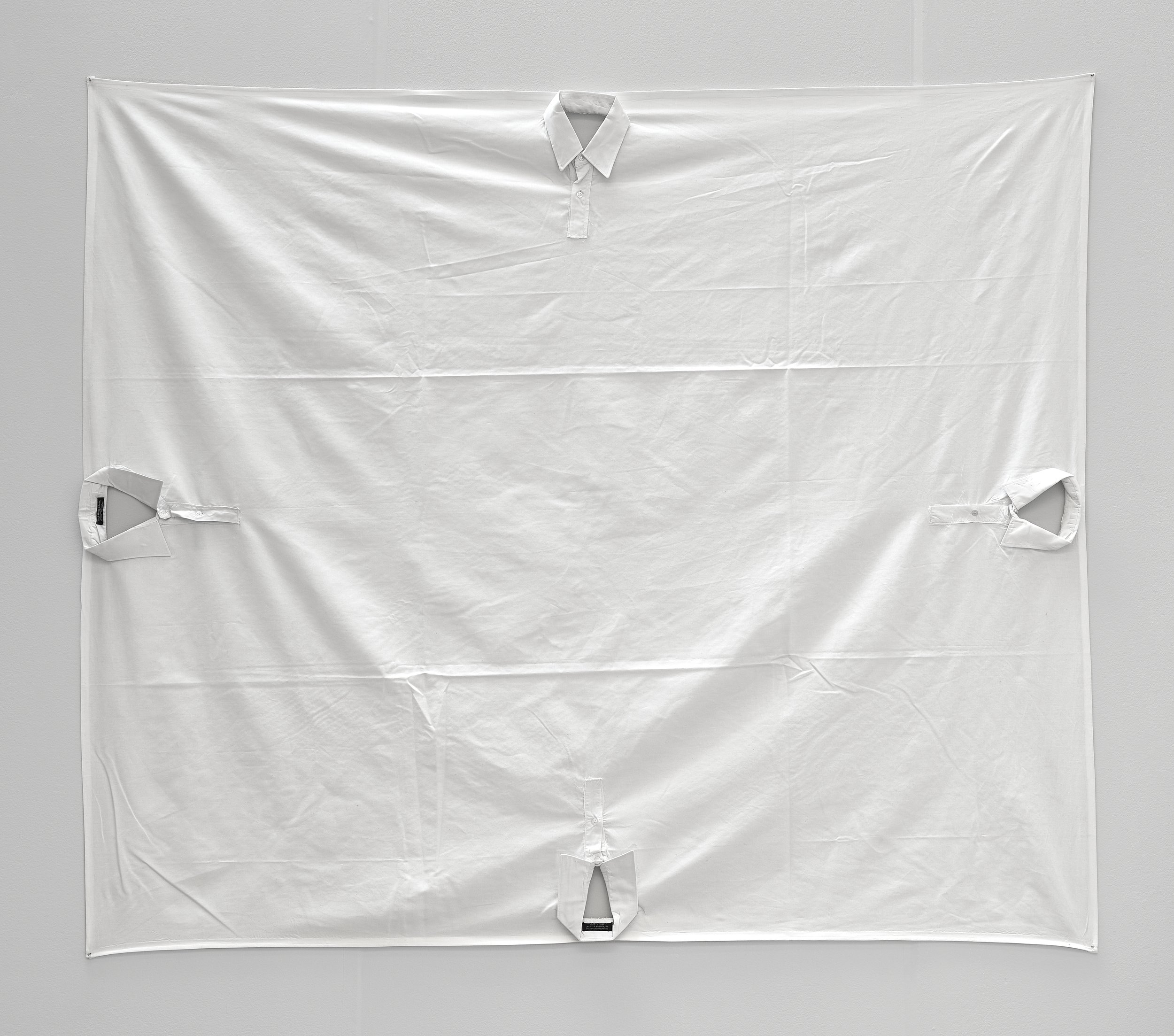   Allan Wexler,   4 Collars Sewn into a Tablecloth , 1991. White shirts, tablecloth, 82 x 82 inches. 