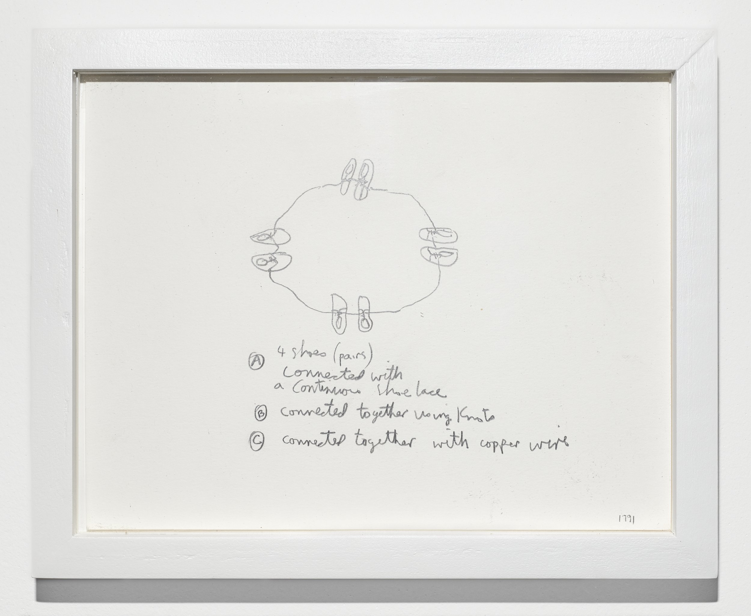   Allan Wexler,   4 Shoes Connected Together , 1991. Pencil on Paper, 8 1/2 x 11 inches. 