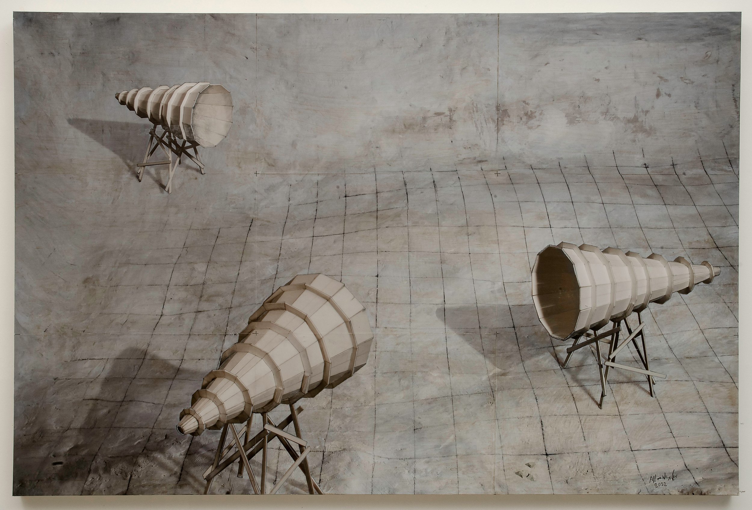   Allan Wexler,   Speakers , 2022. Sculpture-based hand worked inkjet on panel, pencil, wax, matte medium, 36 x 54 inches.  