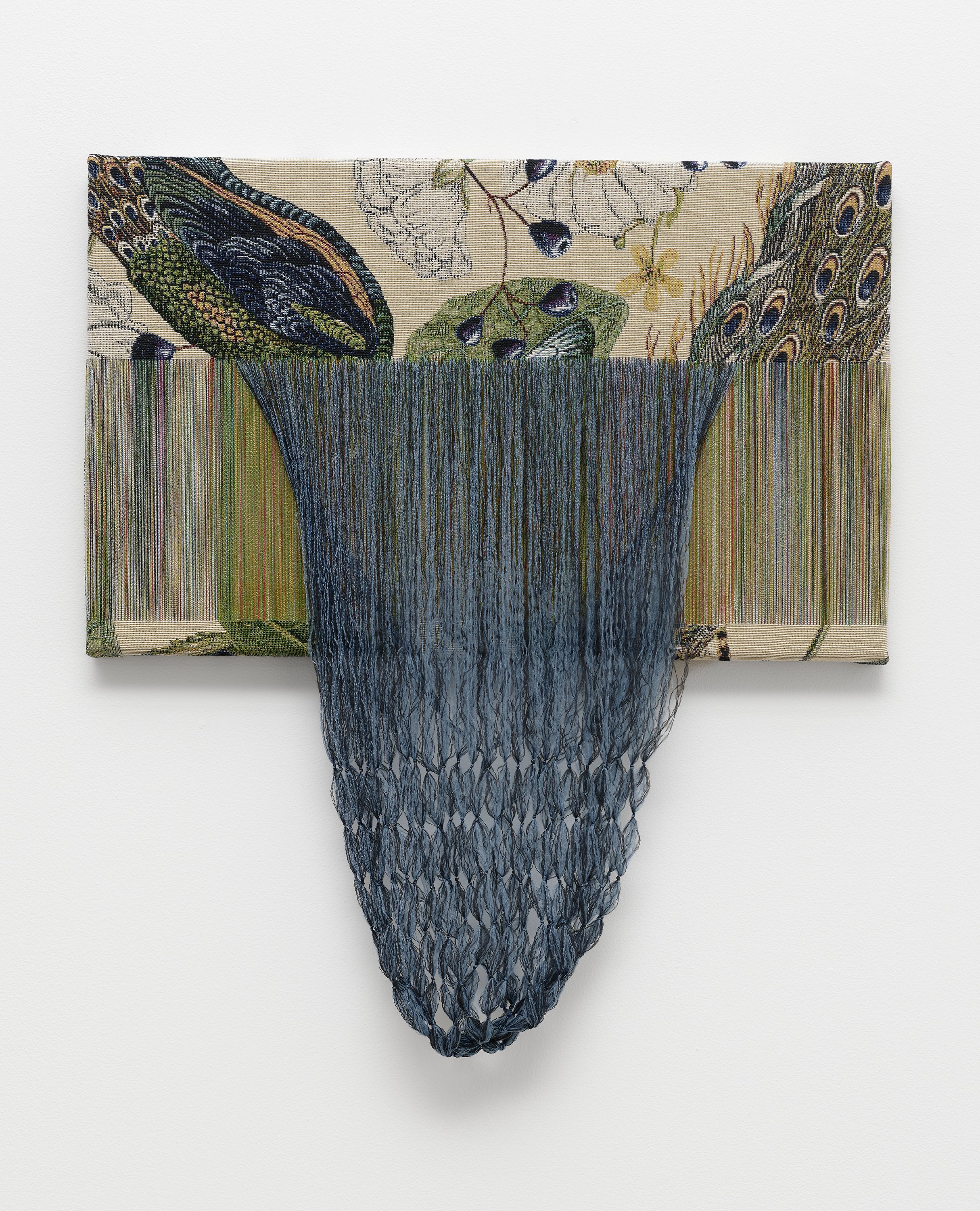   Aiko Tezuka ,  Fragile Surface (Mutterkuchen) - Indigo Basket , 2023. Unravelled fabric, wooden frame, 22 x 19 1/4 in. 