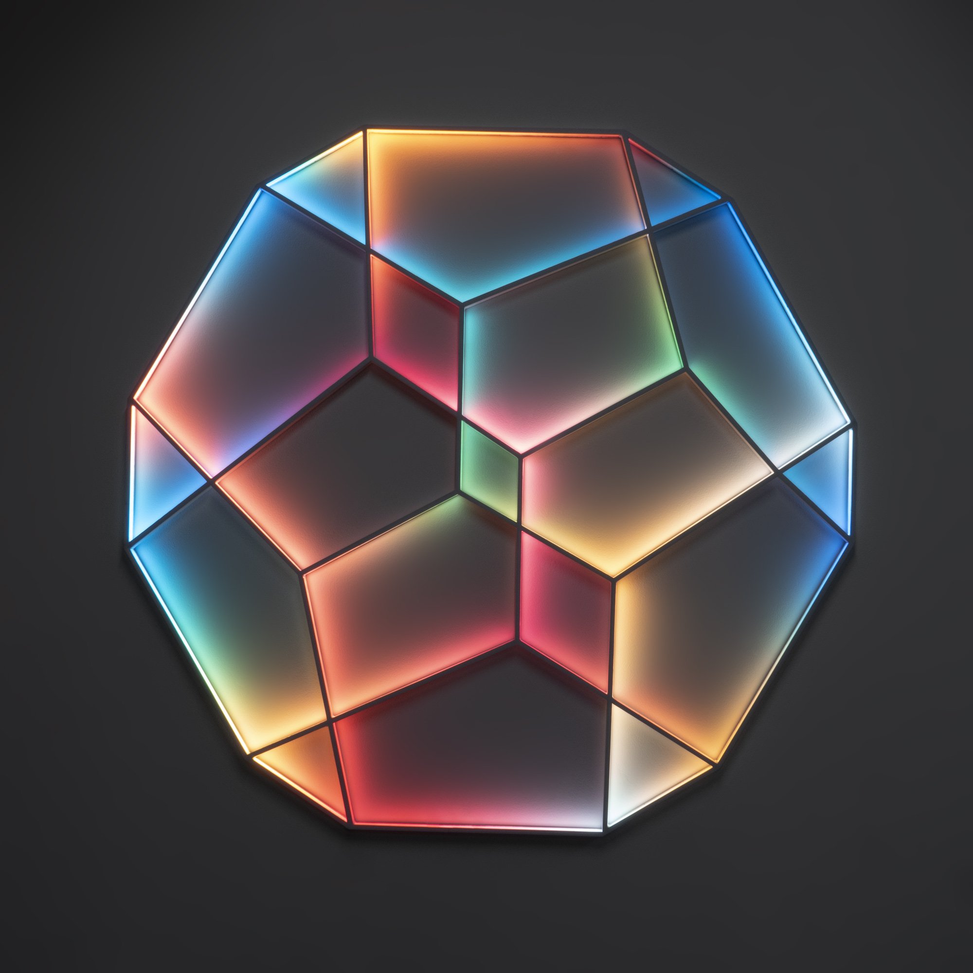   James Clar ,  Refraction Sphere , 2023. LED lights, filters, laser-cut metal, 41 x 39 3/4 inches. 
