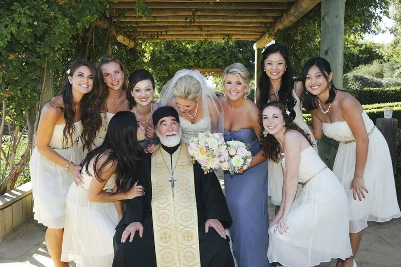 Bride and bridesmaids with their officiant at Bernardus Lodge in Carmel Valley, California.