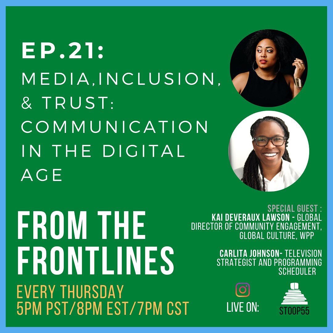 Tune in tomorrow at 8pm ET/5pm PT for a candid convo about the state of media and where people of color lie within it. 

EPS. 21 Media, Inclusion &amp; Trust: Communication in the Digital Age

Special guest Kai Deveraux Lawson @mylifeofkai &amp; Carl