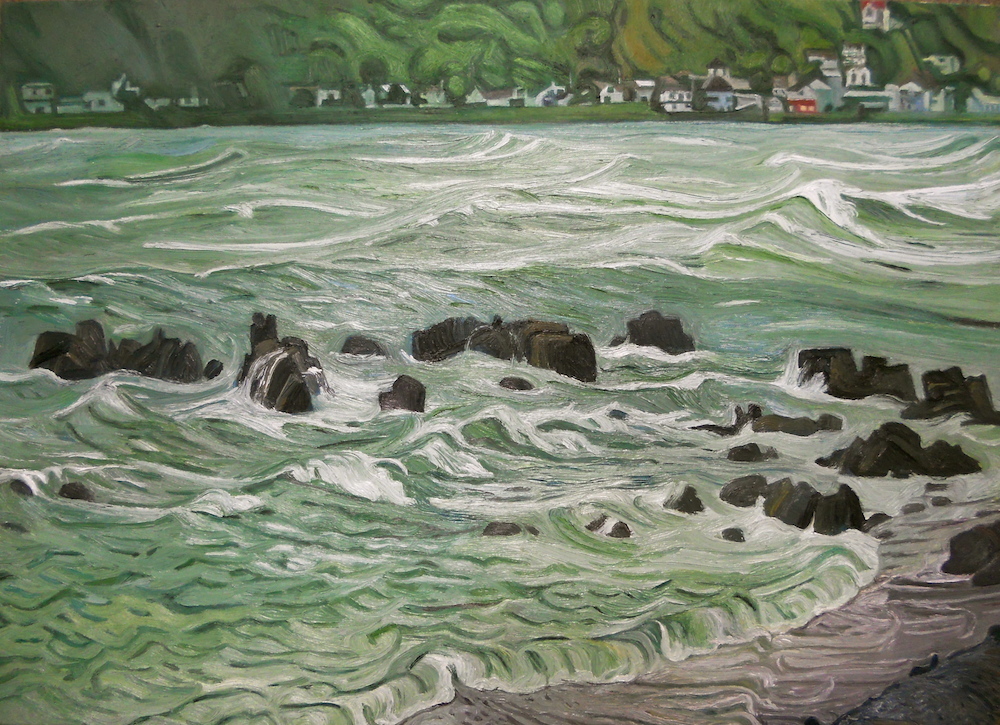 Moa pt in a relatively gently southerly, 2015. Oil and oil stick on linen canvas.