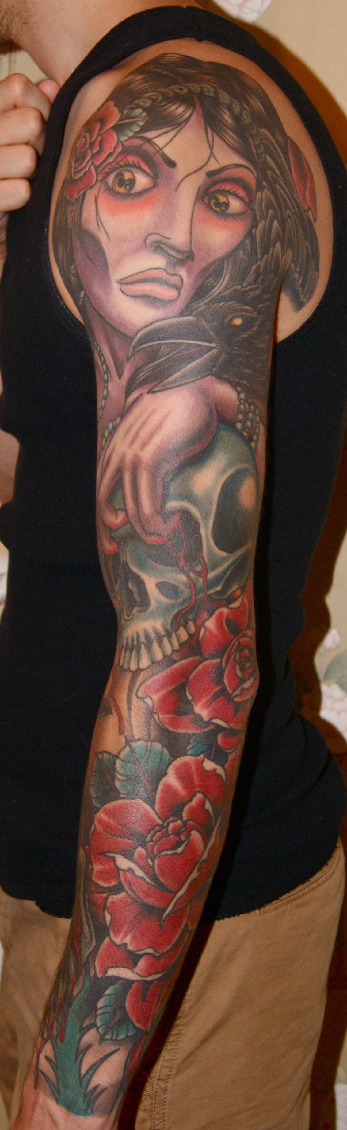 Dead Girl Skull Roses sleeve tattoo