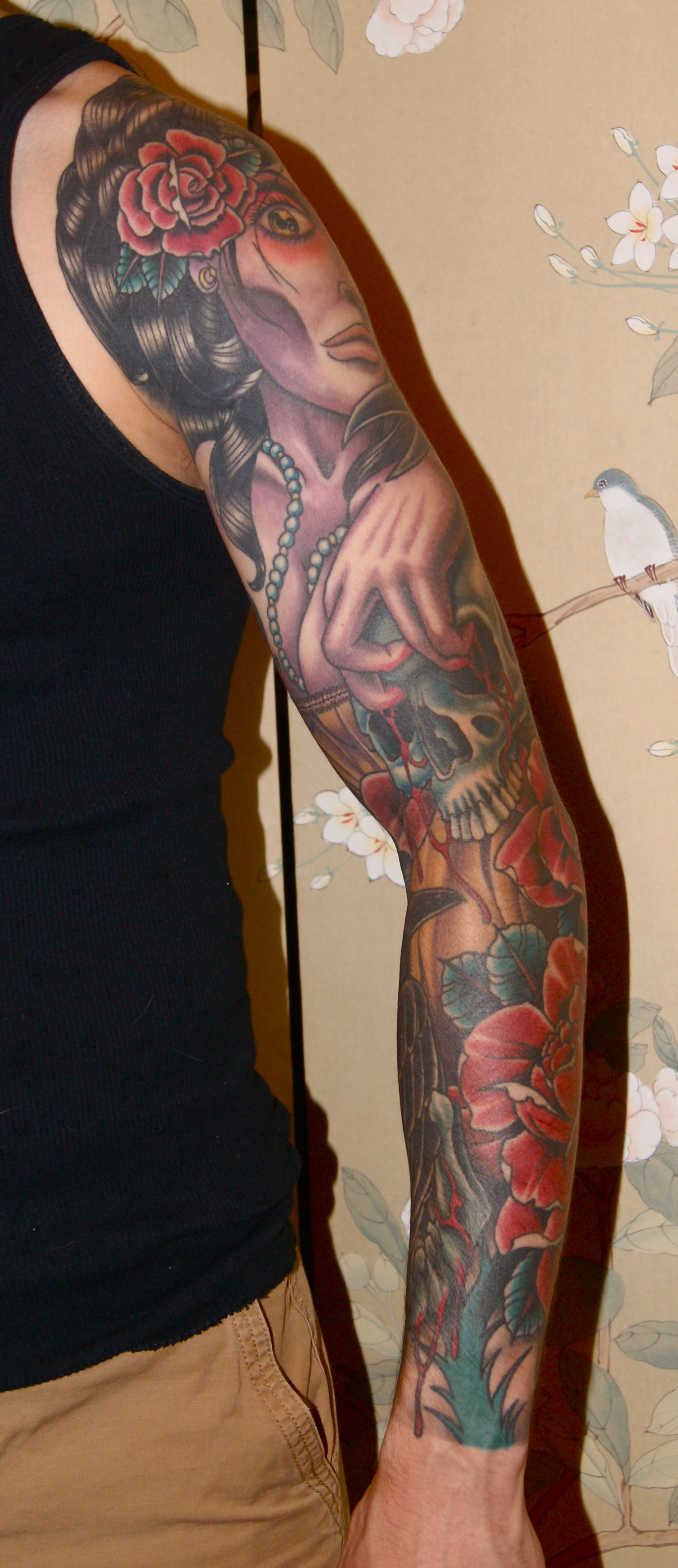 Dead Girl Skull Roses sleeve tattoo 3