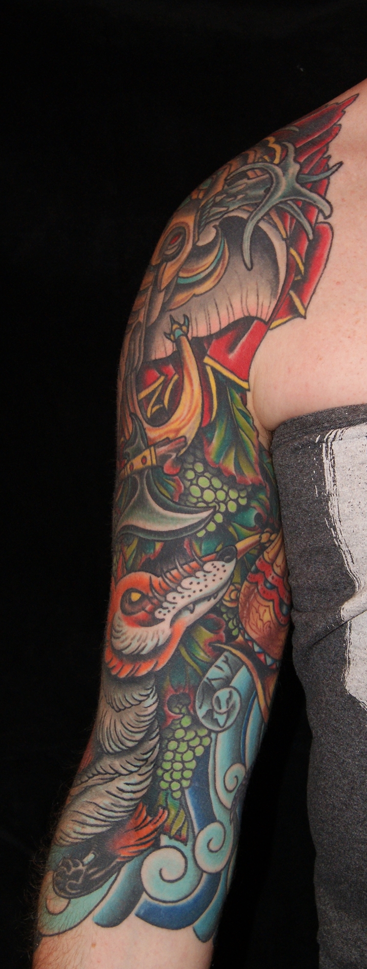 Fox & Crane/Elephant fable tattoo by Anthony Filo