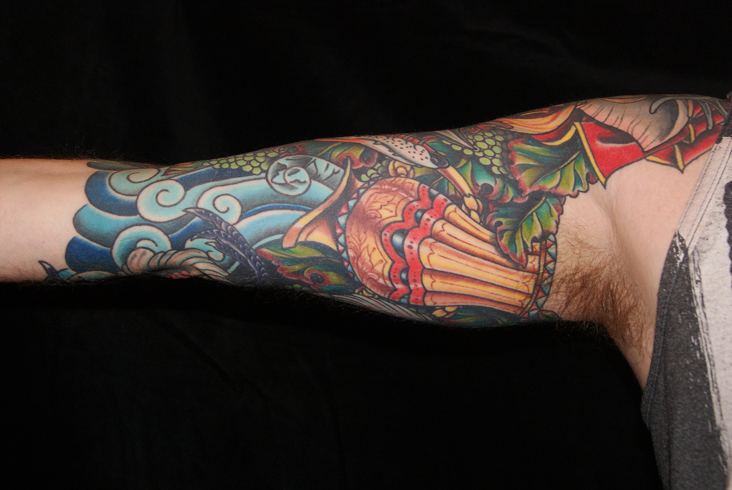 Water vessel, grapes/Fox & Crane/Elephant fable tattoo by Anthony Filo