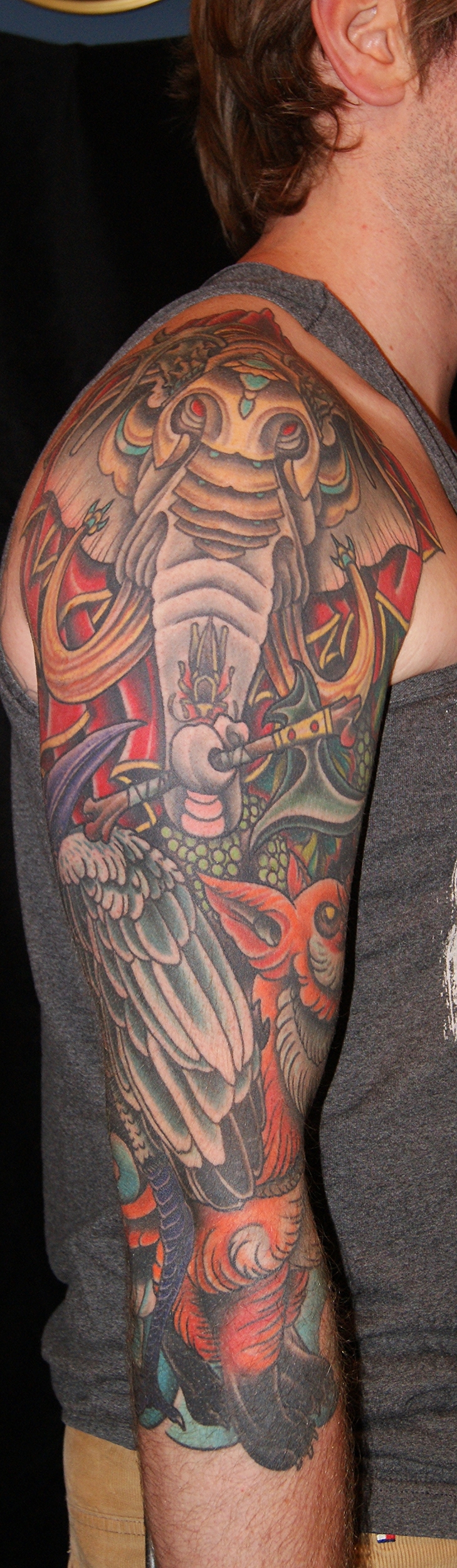 Elephant, Fox & Crane, grapes tattoo by Anthony Filo