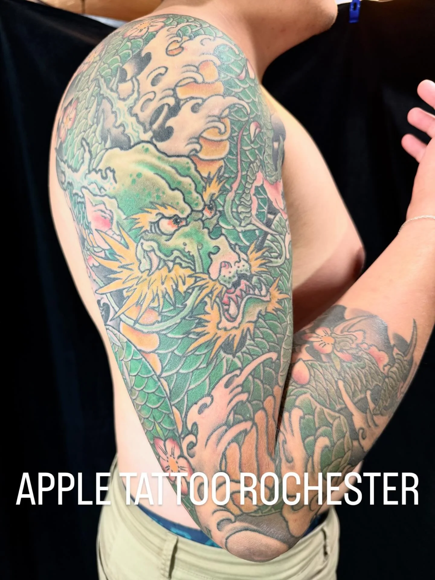 Thank you Jimmy!  #appletattoo #japanesetattoo #japanesetattoos #dragontattoos #dragontatoo #dragonsleeve #waterdragon #japanesesleeve #rochestertattooartist #rochestertattoo