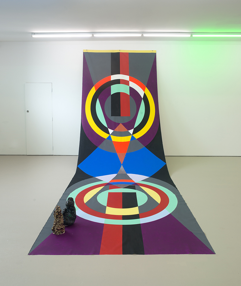 Mikala Dwyer, Backdrop for Base Matter, 2016, acrylic on canvas, ceramic three parts, backdrop: 600 x 220cm, ceramics: 33 x 15 x 18cm and 35 x 20 x 18cm