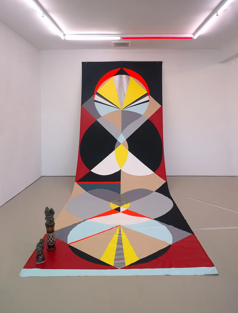 Mikala Dwyer, Backdrop for Rounders, 2016, acrylic on canvas, glazed ceramic, wooden base, glitter, three parts, backdrop: 600 x 220cm, ceramics: 30 x 10 x 10cm, 56 x 10 x 10cm