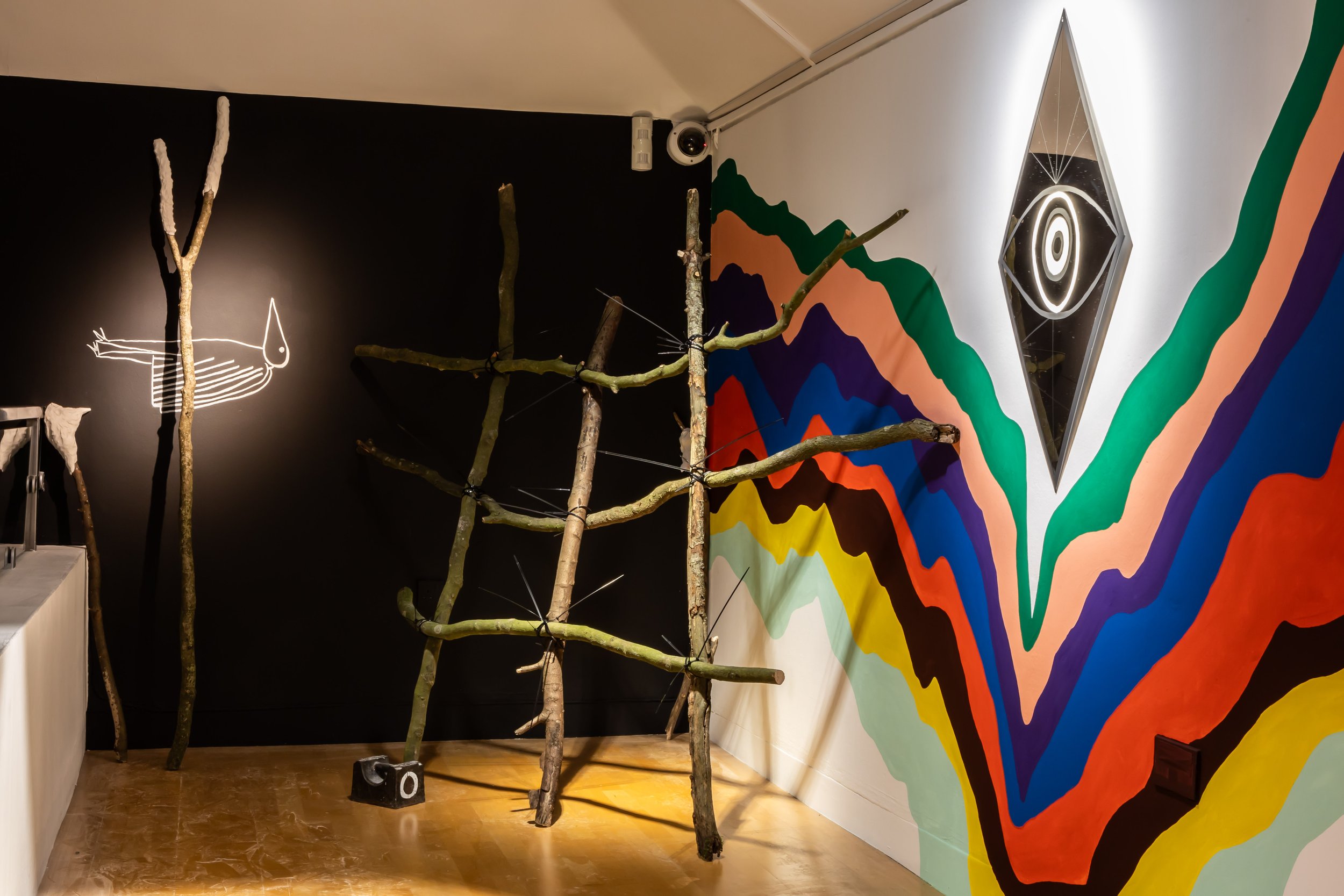 Mikala Dwyer, Diamonds (installation view), 2023, plastic, mirrored acrylic, paint, tree branches | The Recent, Talbot Rice Gallery, The University of Edinburgh, Edinburgh, United Kingdom