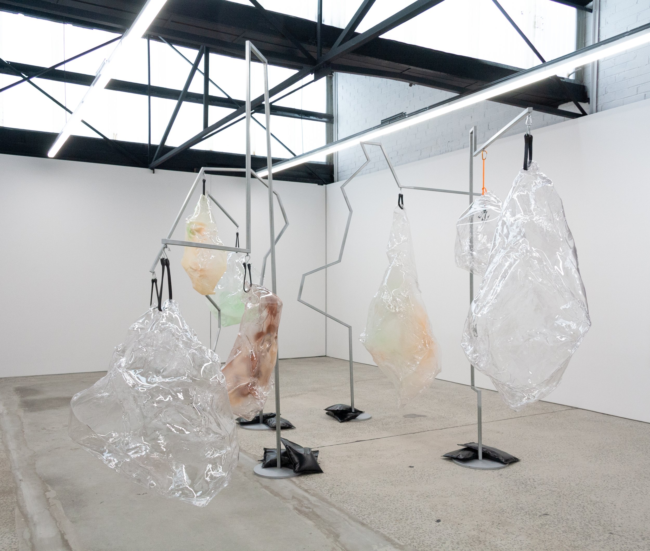 Mikala Dwyer, A Forest, 2022, painted steel, plastic, carabiners, rubber, acrylic, steel hooks, shot-bags, dimensions variable | A Sun, A Flower, A Bee, 1301SW, Melbourne