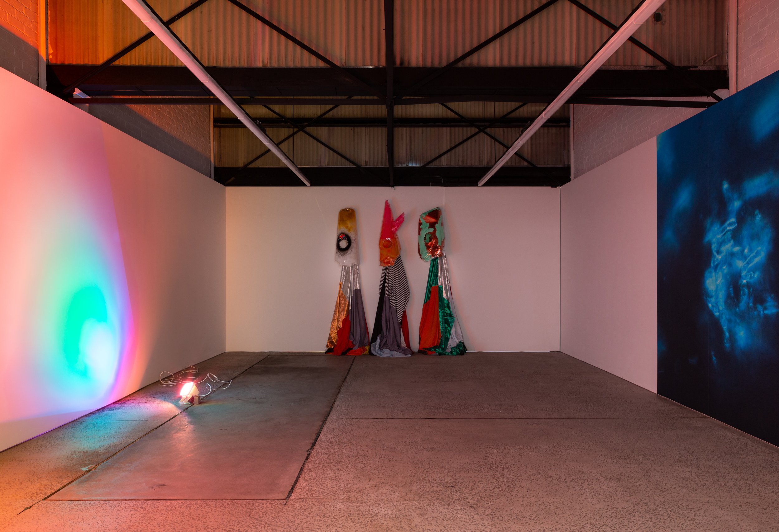 Mikala Dwyer, The Guards (installation view), 2017, plastic, paint, fabric, stockings, dimensions variable | | An eeriness on the Plain, 1310SW, Melbourne