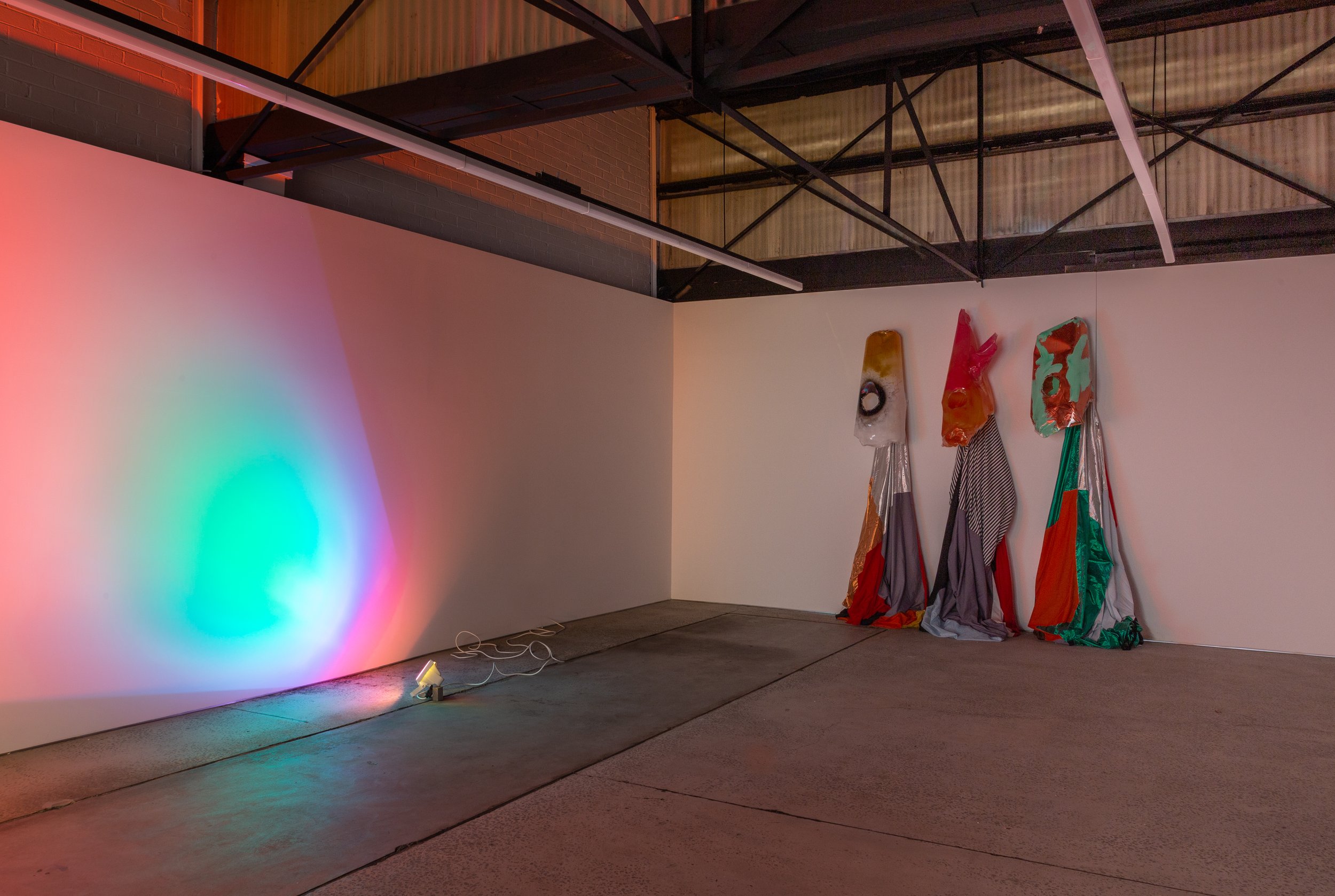 Mikala Dwyer, The Guards (installation view), 2017, plastic, paint, fabric, stockings, dimensions variable | | An eeriness on the Plain, 1310SW, Melbourne