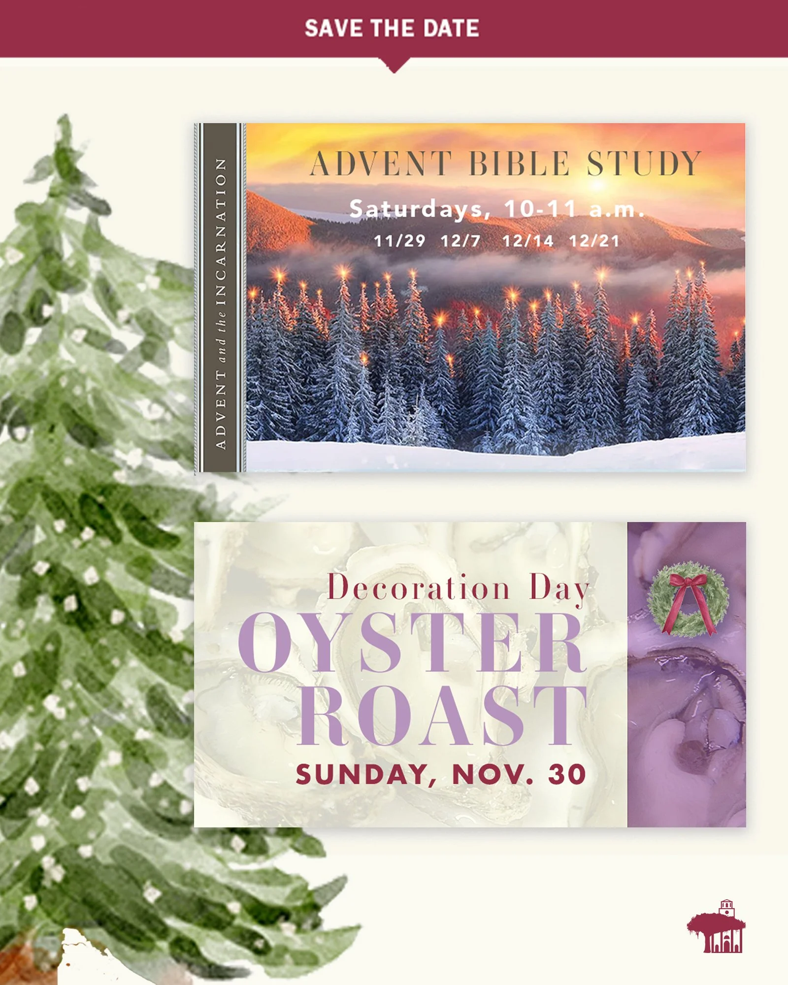 Thanksgiving is just a week away, but the first weekend of Advent is right behind it! Save the date for the first weekend of Advent Bible study on Nov. 29 at 10 a.m. and plan to stay after church on Nov. 30 to help decorate the sanctuary and enjoy fe