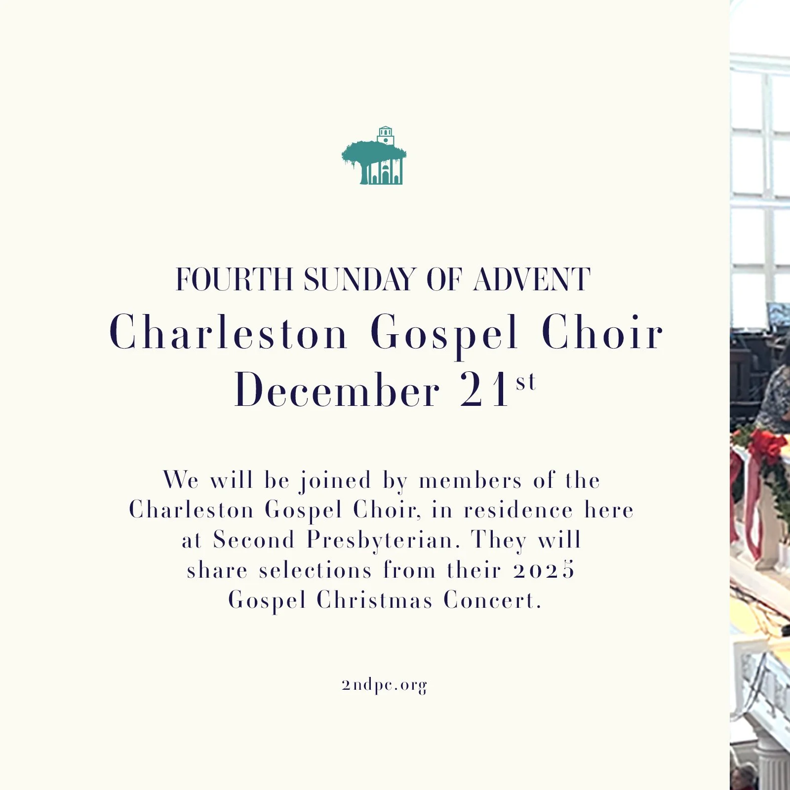 Members of the @charlestongospelchoirsc  will join us in worship on Dec. 21st at 10:30 a.m. with selections from their 2025 Gospel Christmas.

#2ndpc #Advent4 #GospelChristmas #charlestonchristmas